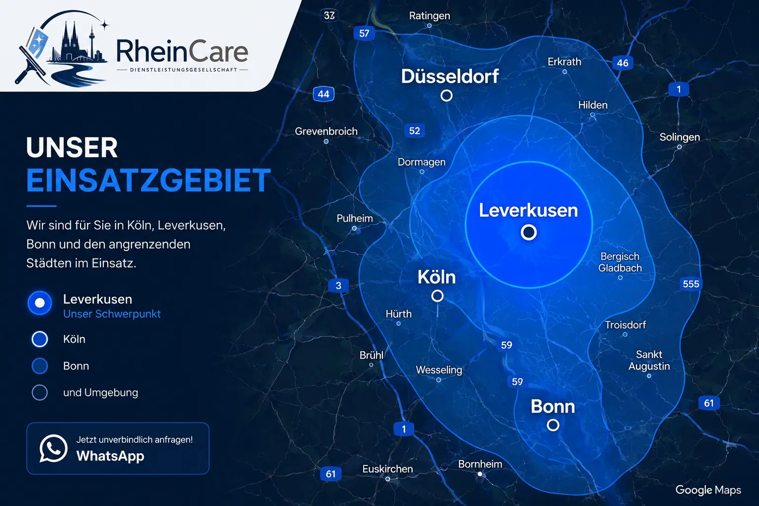 RheinCare Einsatzgebiet mit Schwerpunkt Leverkusen sowie Köln, Bonn, Düsseldorf und Umgebung
