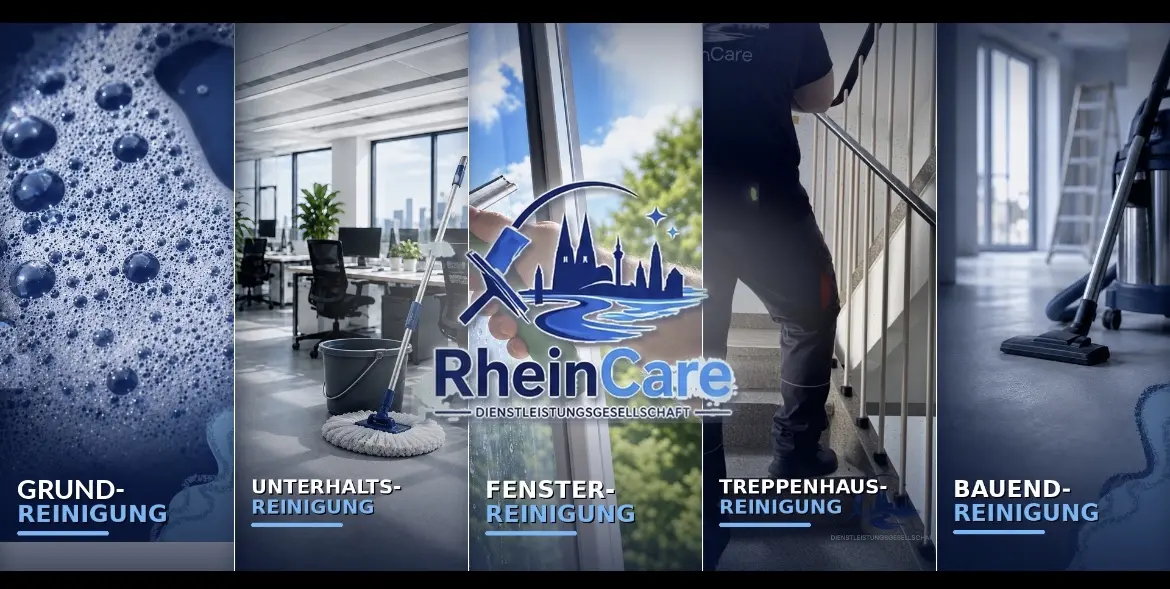 RheinCare Reinigungsleistungen: Grundreinigung, Unterhaltsreinigung, Fensterreinigung, Treppenhausreinigung und Bauendreinigung